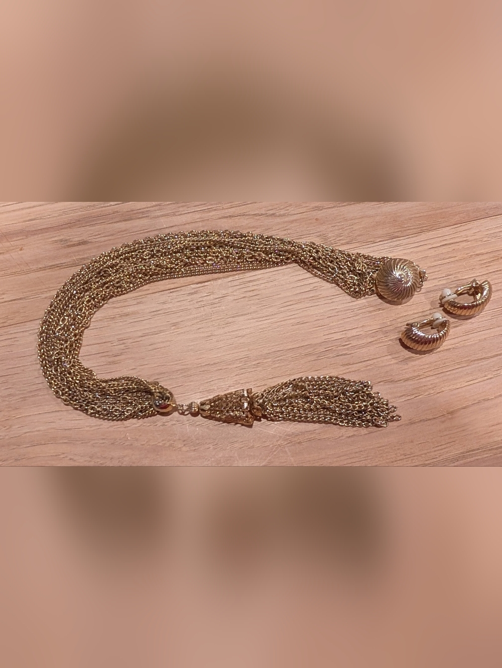 Elegant Gold Multi-Strand Tassel Necklace And Earrings Set